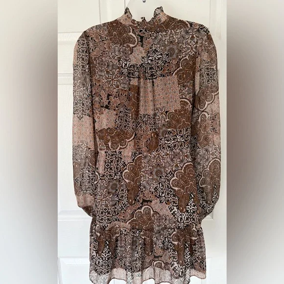House Of Harlow 1960 Dress Boho Long Sleeve Mini Dress Brown Gold Sparkle size 8 - Picture 5 of 16